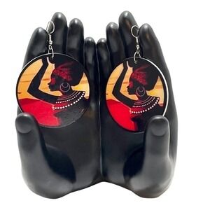 African Woman Silhouette‎ Wooden Dangle Earrings Circle Print Earrings